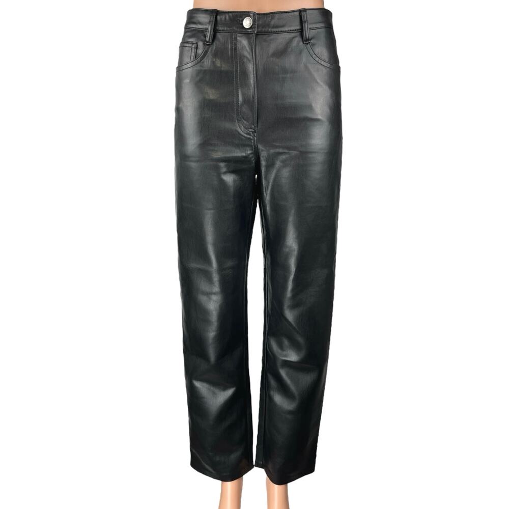 Aritzia Wilfred Black Faux Vegan Leather High Waist Straight Wide Leg Pants Sz 4